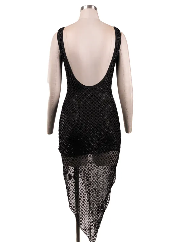 Black Asymmetric Mesh Dress — back view