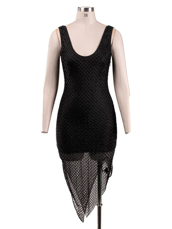 Black Asymmetric Mesh Dress — front view