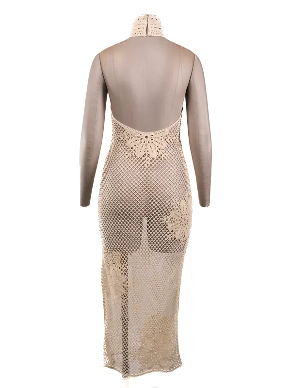 Ivory Floral Mesh Halter Dress — back view