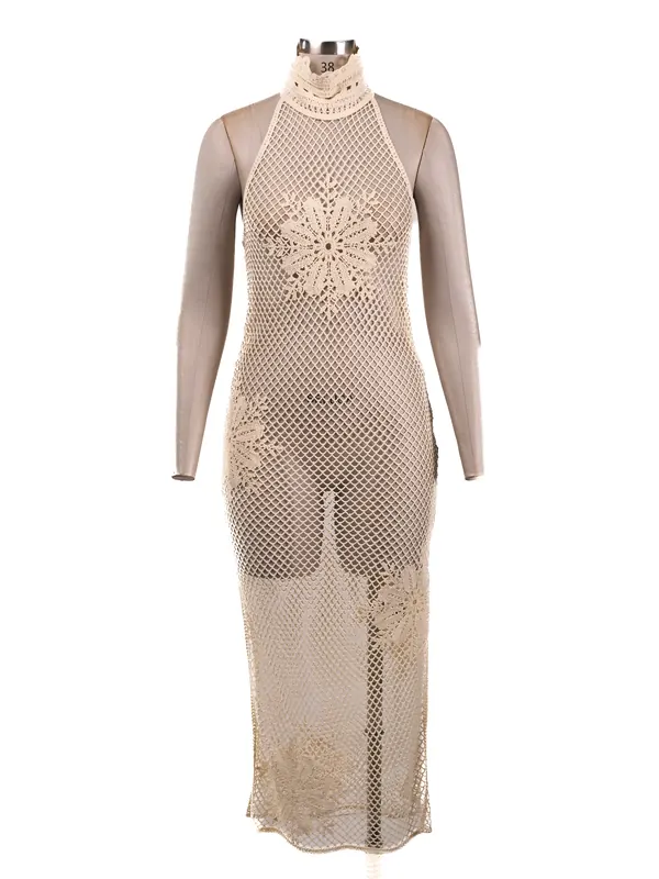 Ivory Floral Mesh Halter Dress — front view