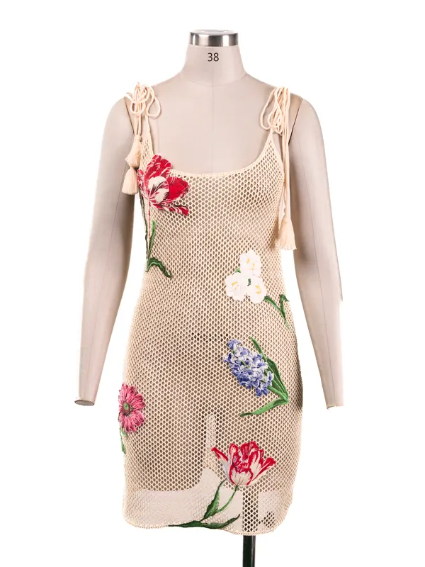 Natural Floral Embroidered Mini Dress — front view