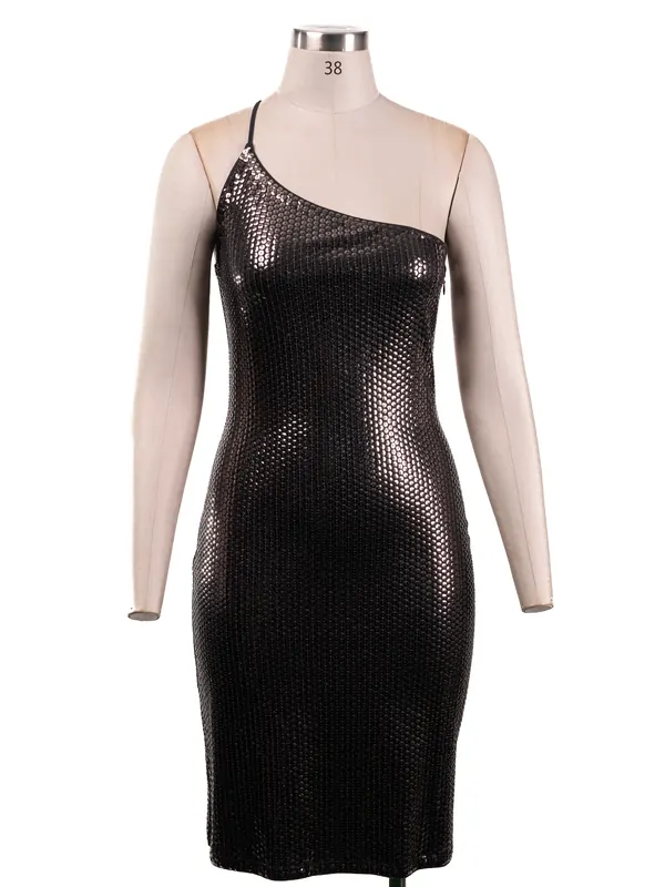 Black Metallic One-shoulder Dress — front view