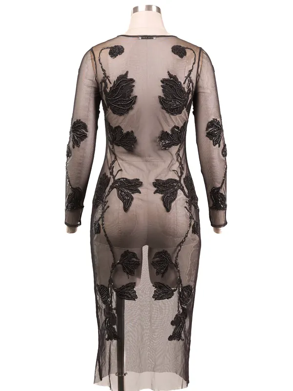 Noir Botanical Mesh Dress — back view