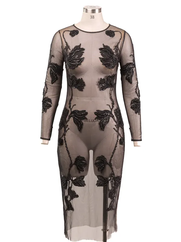 Noir Botanical Mesh Dress — front view