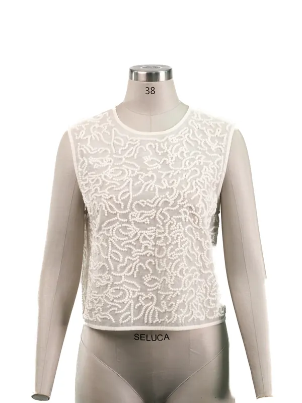 Ivory Beaded Mesh Crop Top — front view