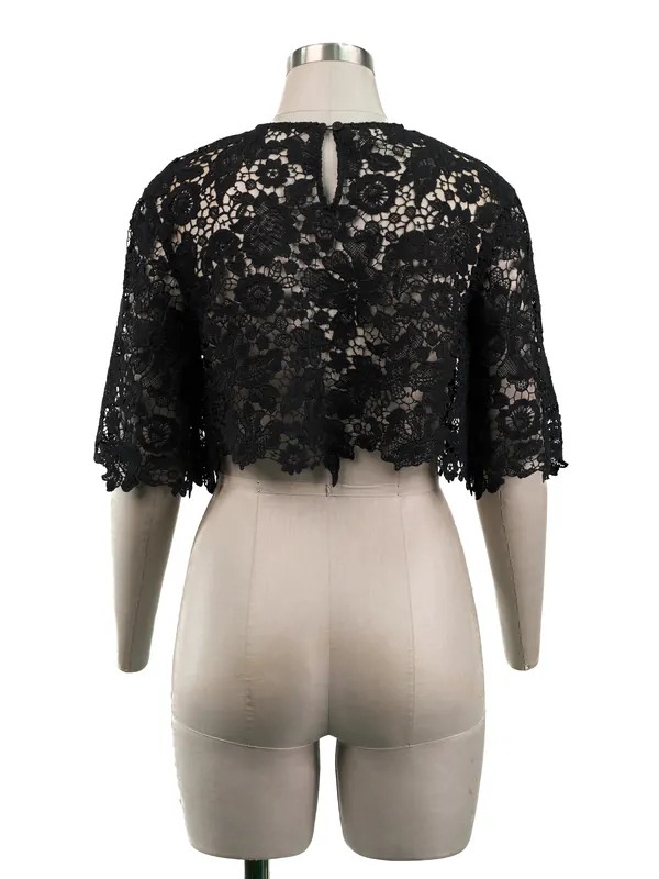 Black Floral Lace Cape Top — back view