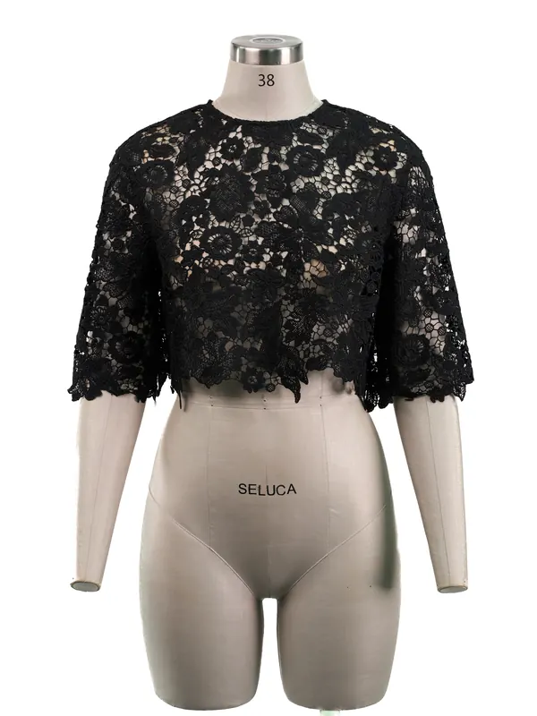 Black Floral Lace Cape Top — front view