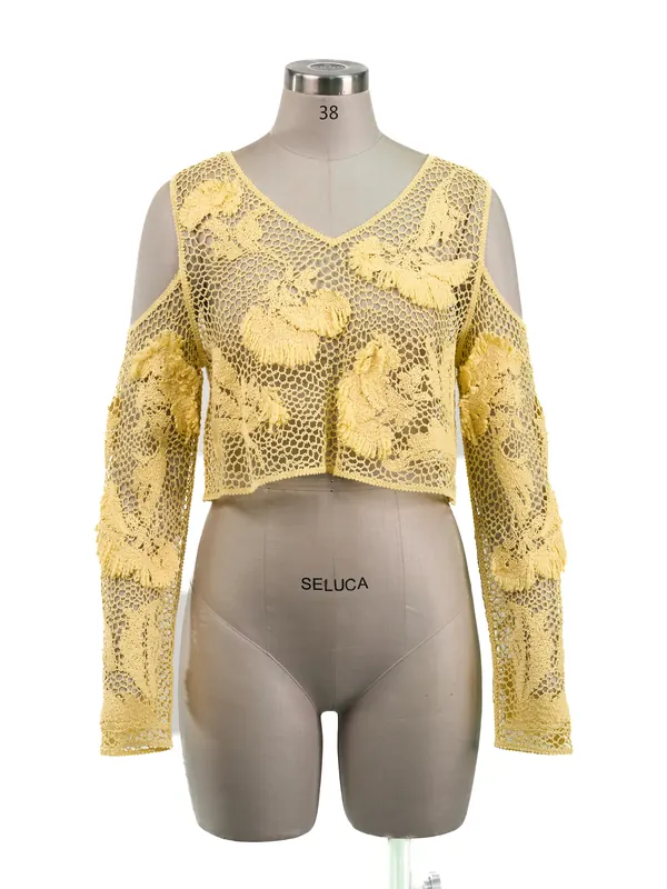 Lemon Crochet Cold-shoulder Top — front view