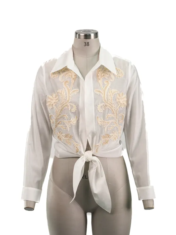 Ivory Embroidered Tie-front Blouse — front view