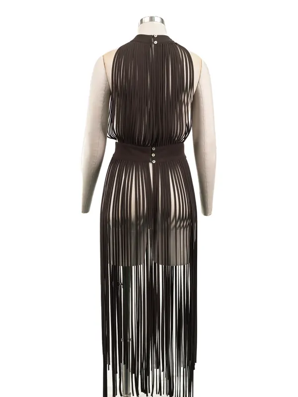 Black Fringe Halter Dress — back view