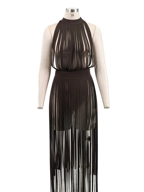 Black Fringe Halter Dress — front view