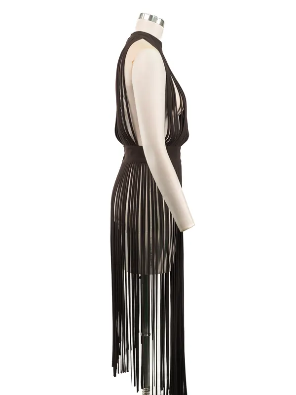 Black Fringe Halter Dress — side view