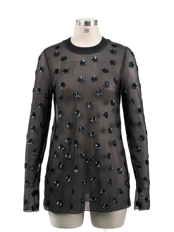 Black Sequin-appliqué Mesh Tunic — front view