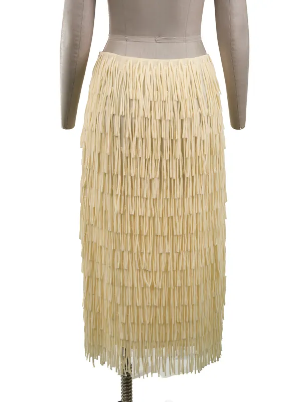 Ivory Fringe Midi Skirt — back view