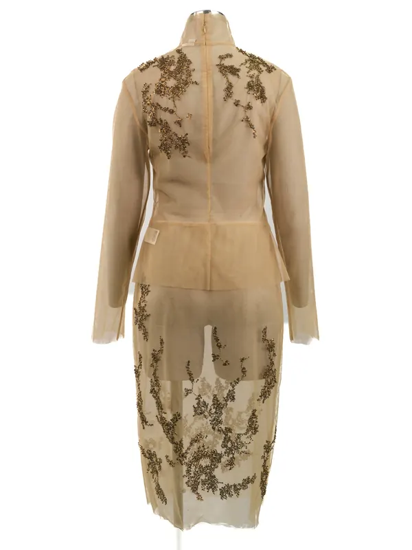 Camel Botanical Embroidered Dress — back view