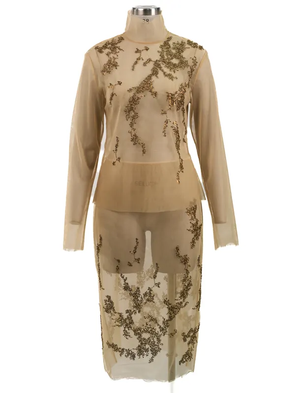 Camel Botanical Embroidered Dress — front view