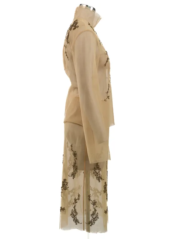 Camel Botanical Embroidered Dress — side view