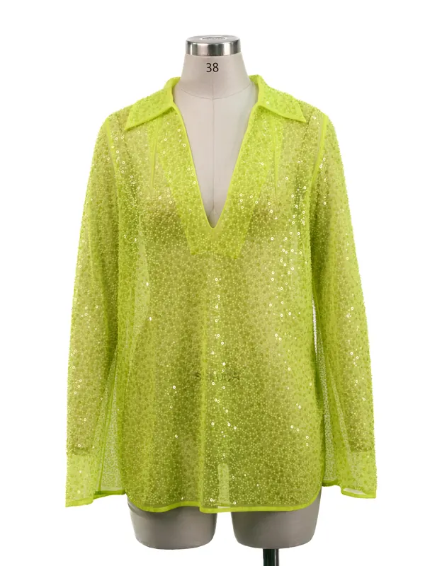 Lime Sequin Lace Shirt — front view