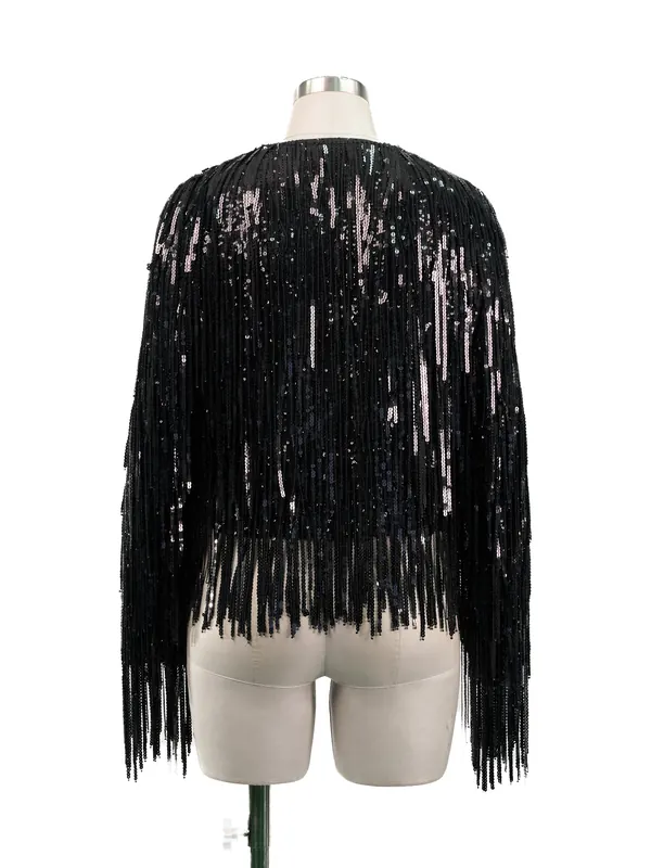 Black Sequin Fringe Cape — back view