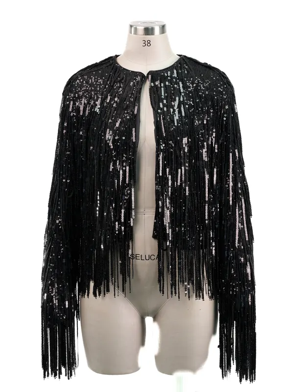 Black Sequin Fringe Cape — front view