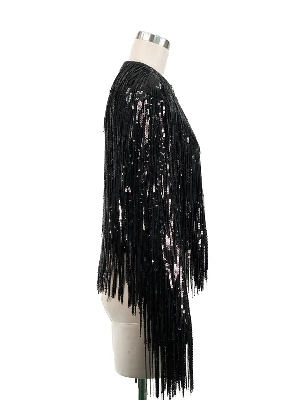 Black Sequin Fringe Cape — side view