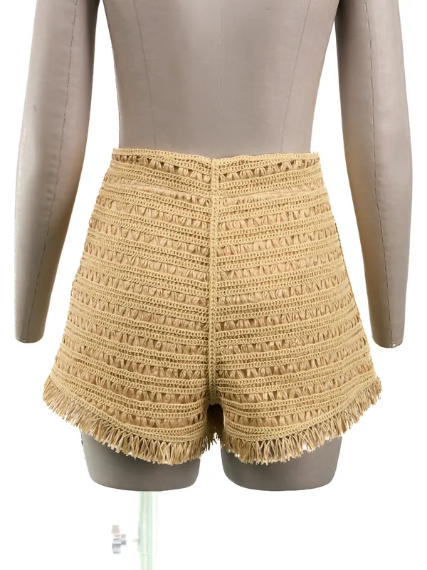 Natural Embroidered Fringe Shorts — back view