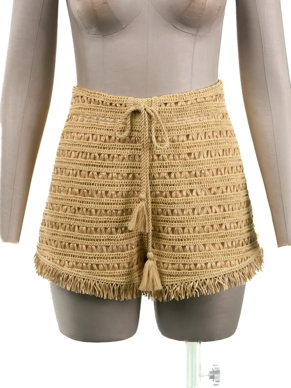 Natural Embroidered Fringe Shorts — front view
